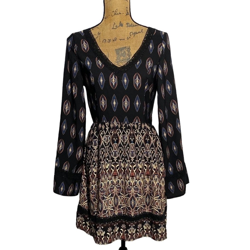 Soieblue S Dress Black Multicolor Geo Floral Open Back Tie Wide Long Sl Flirty